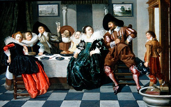 Elegant selskap ved et bord i et interiør (olje på panel) av Dirck Hals
