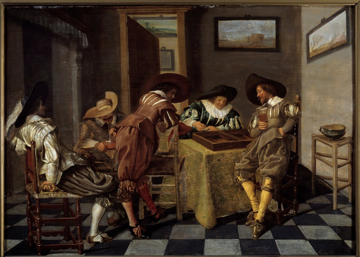Delen av tri-trac (tri-trac: gammelt backgammon-spill). Maleri av Dirk Hals (1591-1656), ca 1615-1625. Olje på tre. Mål: 0,38 X 0,53 m. Lille, Musee Des Beaux Arts - Tic-trac-spillere ("Trictrac: eldgammelt backgammonspill). Maleri av Dirk Hals (159 av Dirck Hals