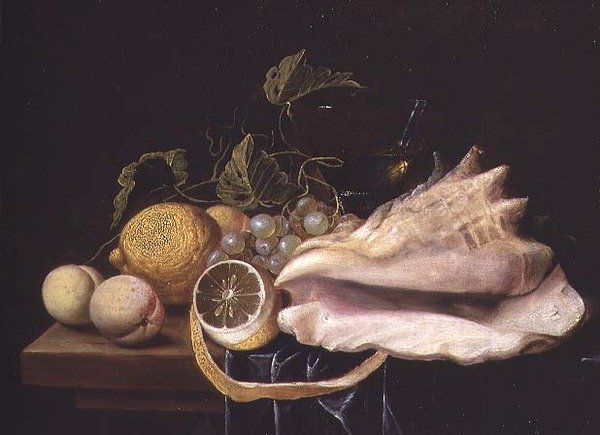 Stilleben med Strombus Shell and Fruit av Dirck Sauts