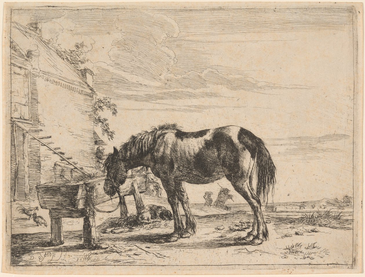 En hest bundet til et fôrtrau av Dirck Stoop