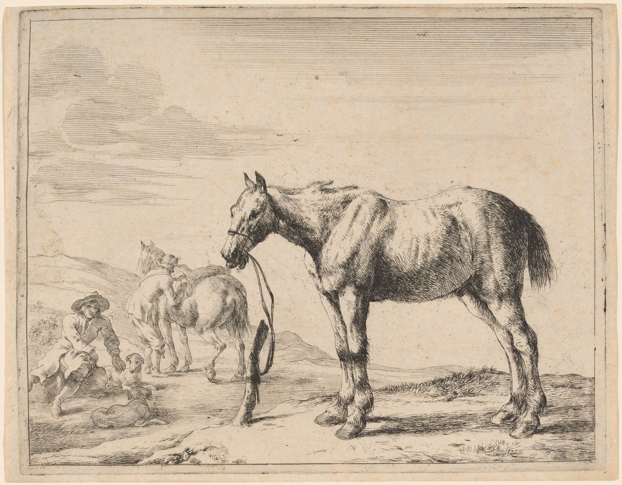 En hest bundet til en stolpe av Dirck Stoop