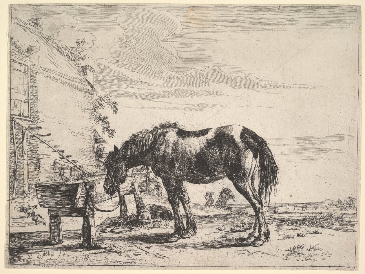 Hest bundet til et fôrtrau. av Dirck Stoop