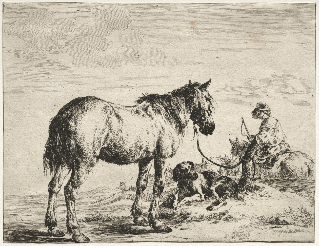 Hest bundet til en stolpe. av Dirck Stoop
