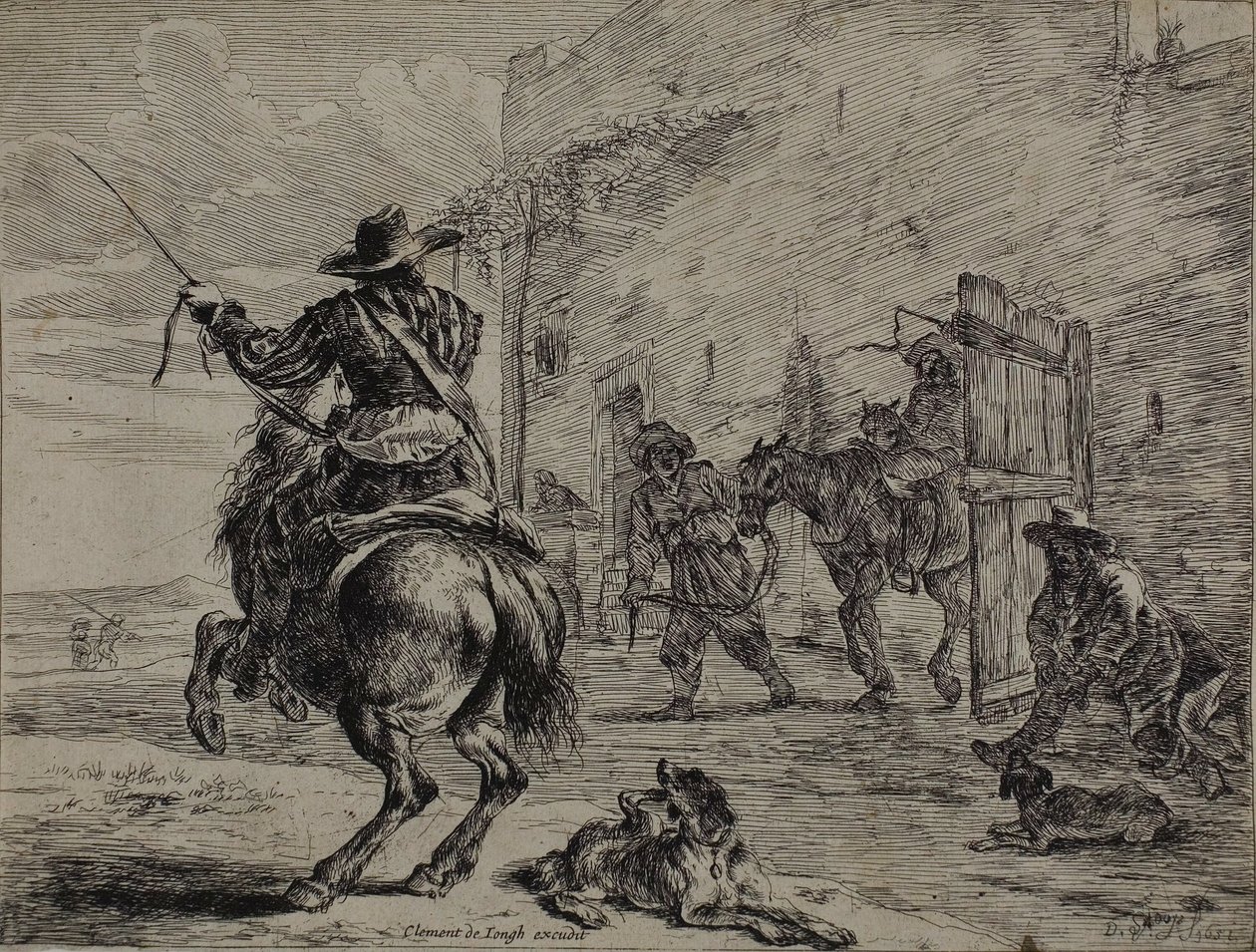 Rearing Horse, Near a Stall, plate en fra Series of Horses av Dirck Stoop