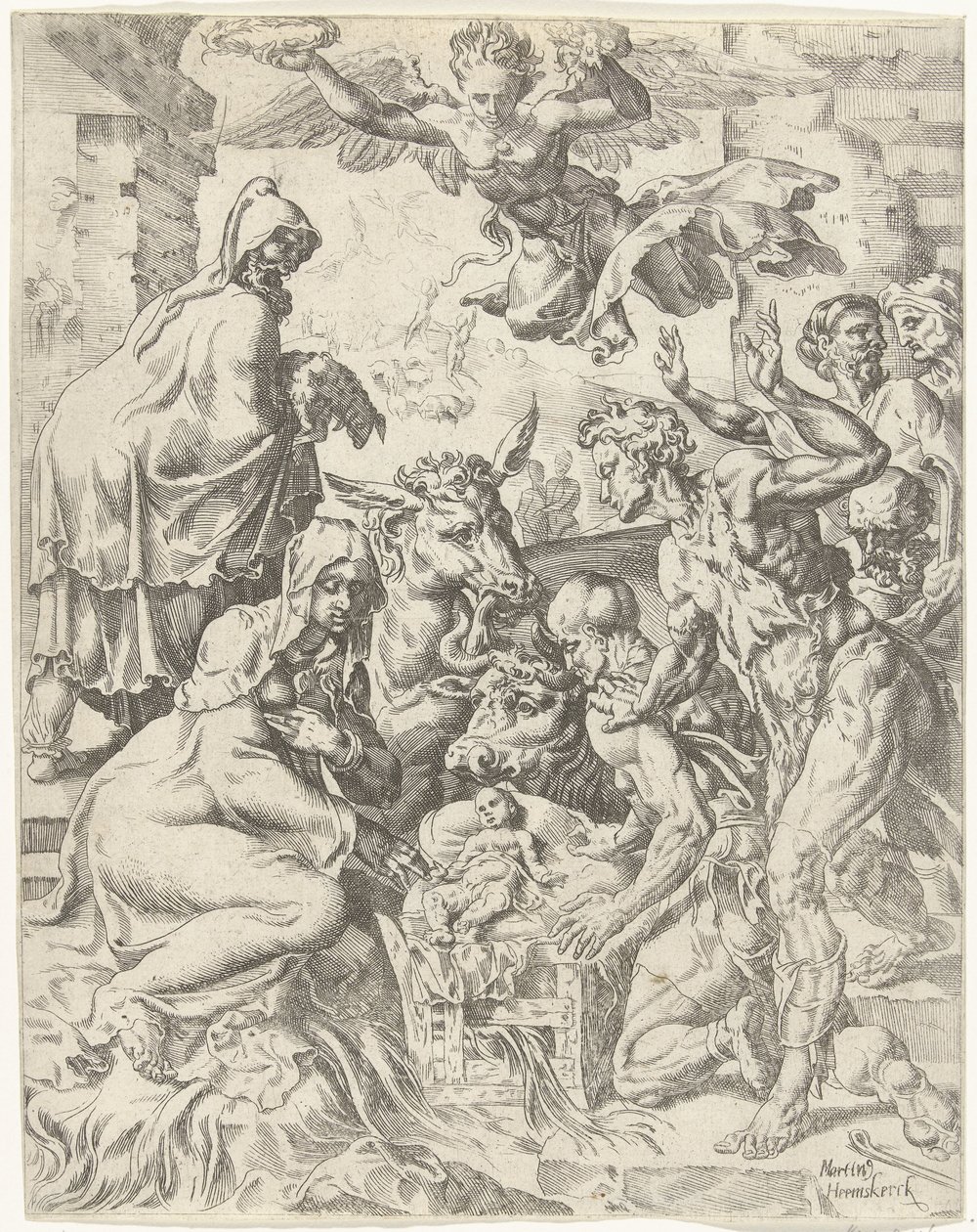 Tilbedelse av hyrdene Menneskehetens fall og forløsning gjennom Kristi liv og lidenskap (serietittel) av Dirck Volckertsz. Coornhert (attributed to)