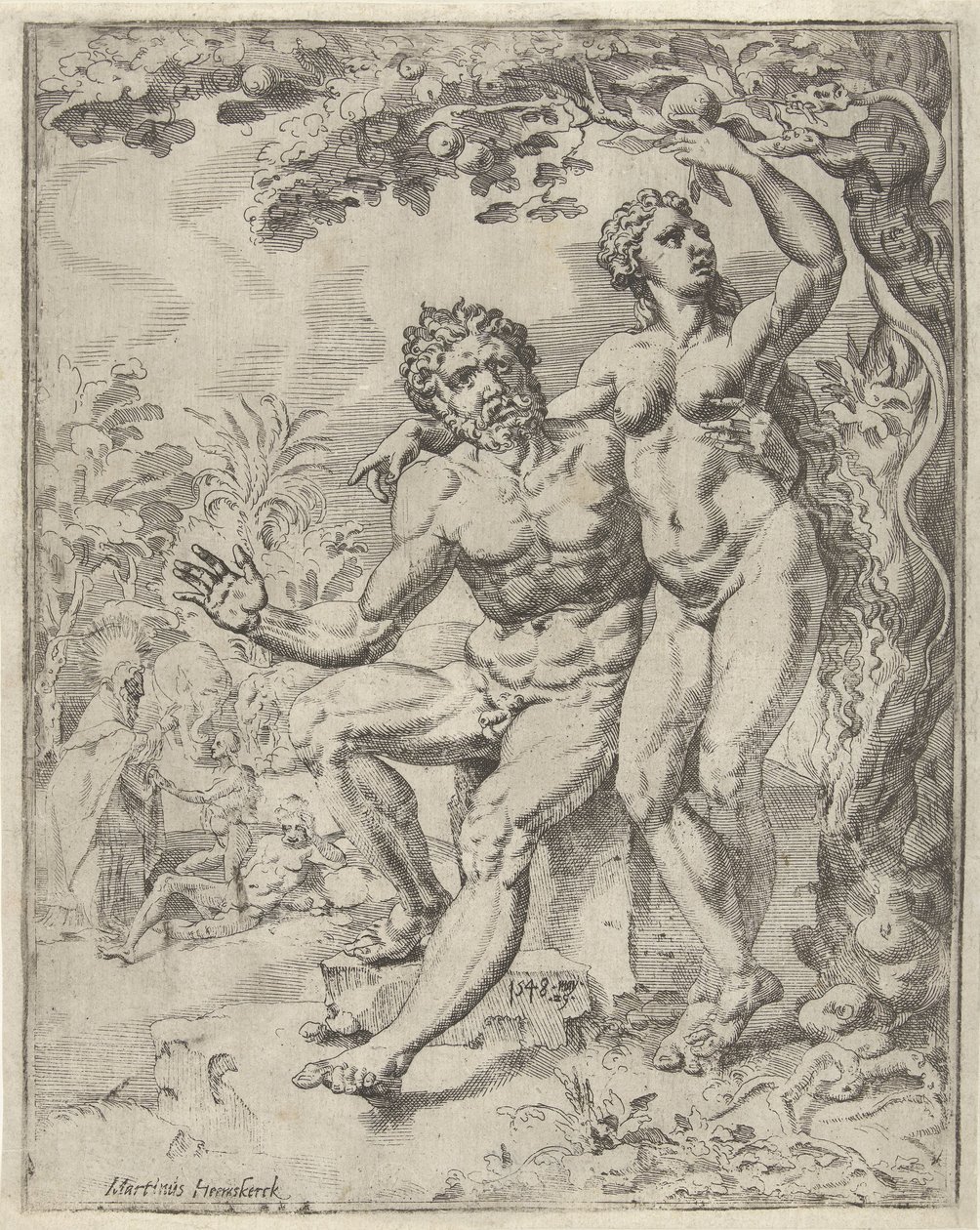 Adam og Eva høster det forbudte fruktfallet og menneskehetens forløsning gjennom Kristi liv og lidenskap (serietittel) av Dirck Volckertsz. Coornhert (attributed to)