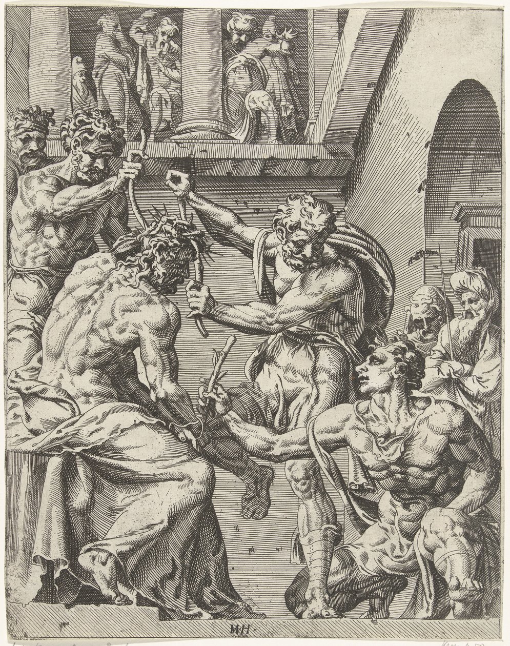 Kristus er kronet med tornekronen Menneskehetens fall og forløsning gjennom Kristi liv og lidenskap (serietittel) av Dirck Volckertsz. Coornhert (attributed to)