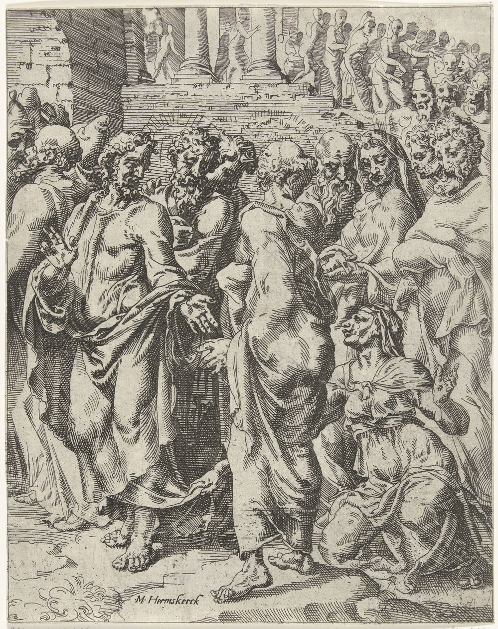 Helbredt kvinnen som led av blødninger Menneskehetens fall og forløsning gjennom Kristi liv og lidenskap (serietittel) av Dirck Volckertsz. Coornhert (attributed to)