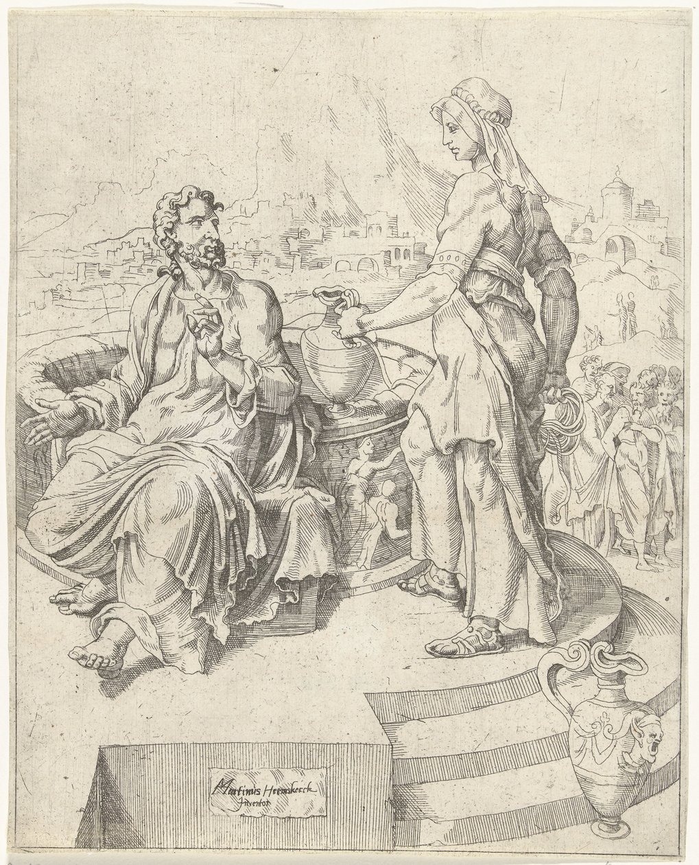 Samtale med den samaritanske kvinnen Menneskehetens fall og forløsning gjennom Kristi liv og lidenskap (serietittel) av Dirck Volckertsz. Coornhert (attributed to)