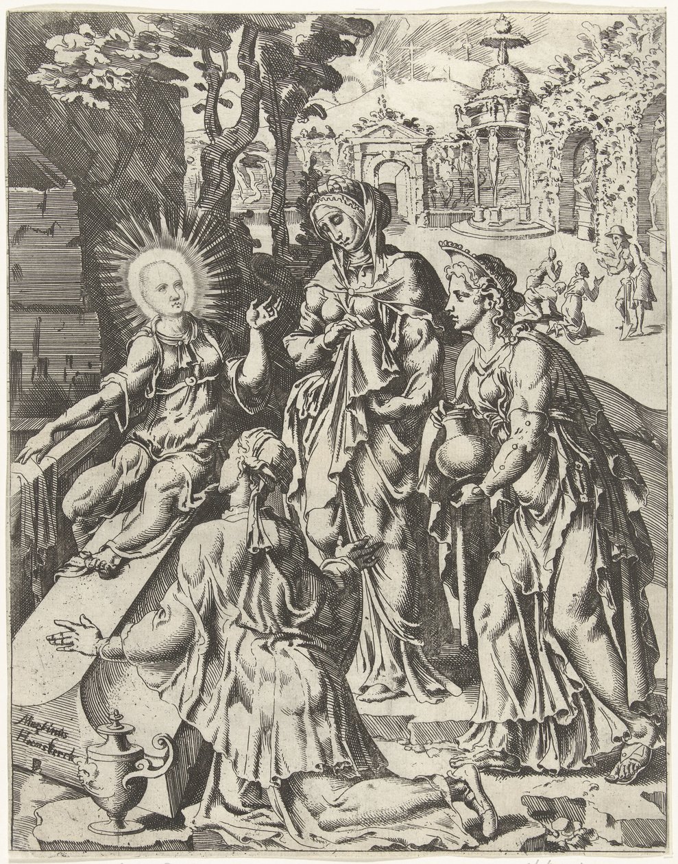 Hellige kvinner ved gravfallet og menneskehetens forløsning gjennom Kristi liv og lidenskap (serietittel) av Dirck Volckertsz. Coornhert (attributed to)