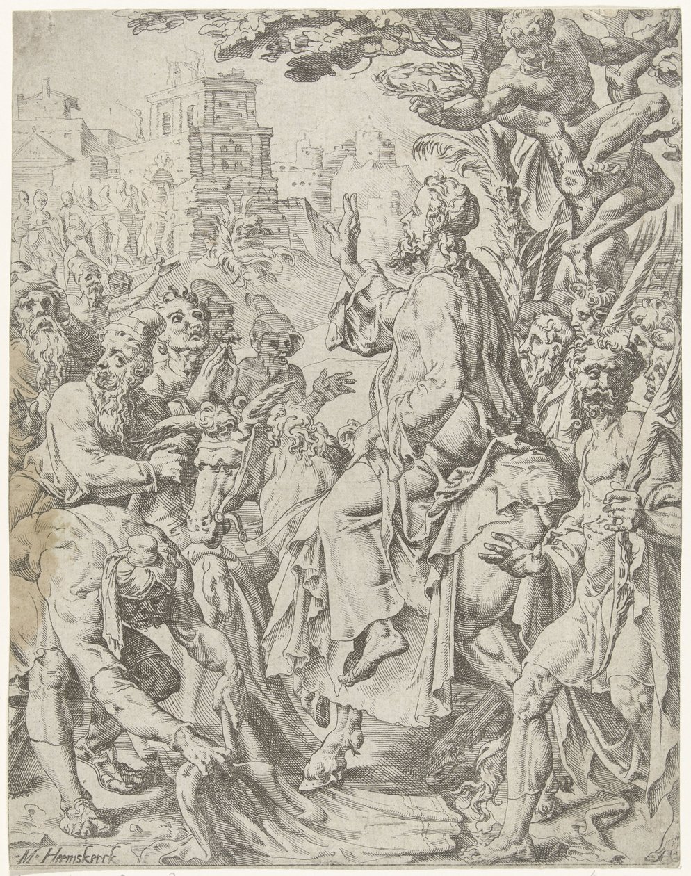 Innreise til Jerusalem Menneskehetens fall og forløsning gjennom Kristi liv og lidenskap (serietittel) av Dirck Volckertsz. Coornhert (attributed to)