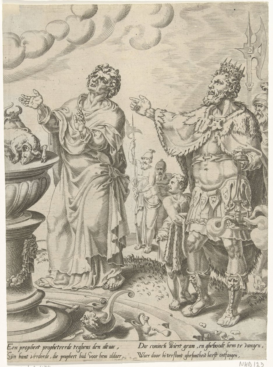Kong Jeroboam og Guds mann foran alteret Story of the Disobedient Man of God (serietittel) av Dirck Volckertsz. Coornhert (attributed to)