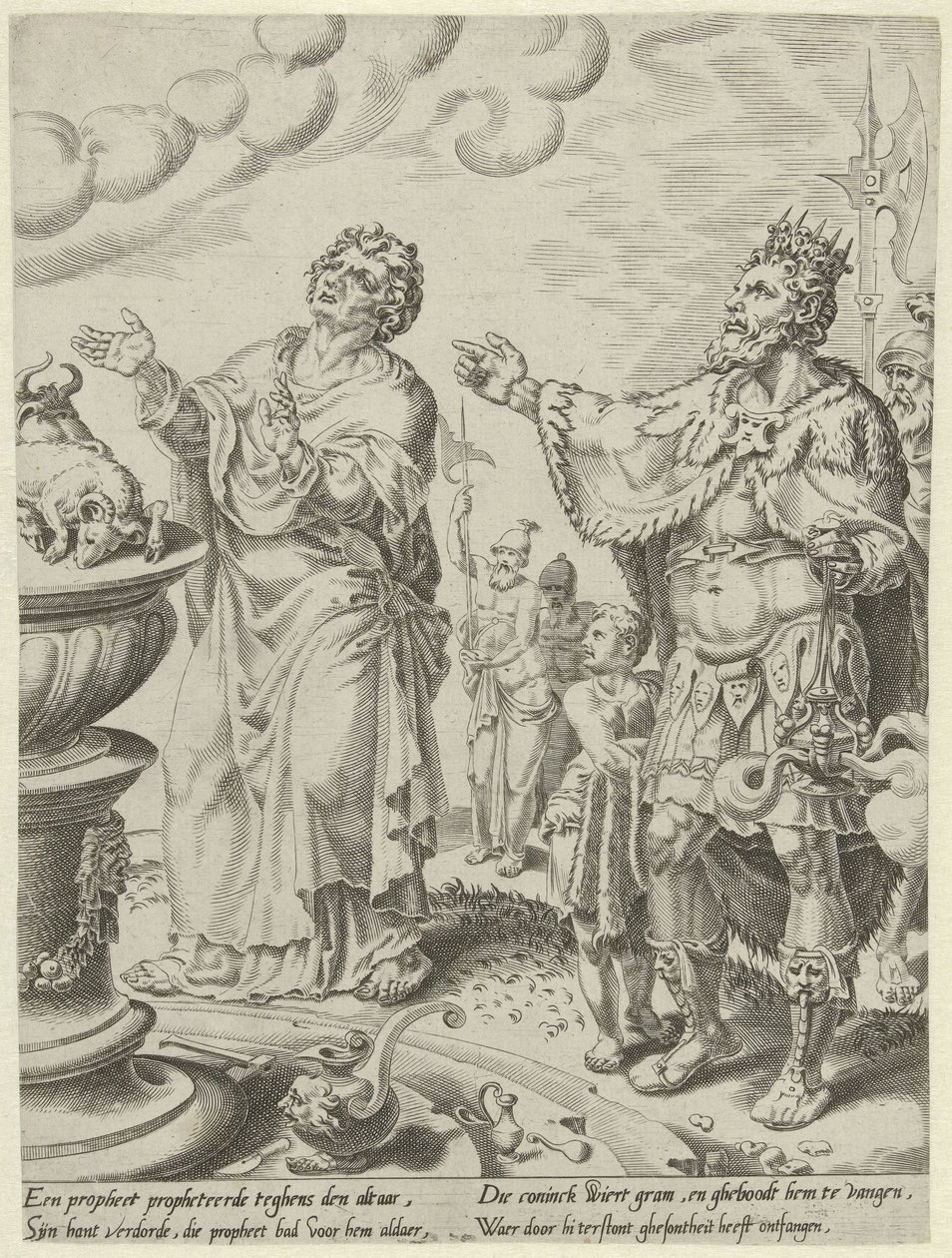 Kong Jeroboam og Guds mann foran alteret Story of the Disobedient Man of God (serietittel) av Dirck Volckertsz. Coornhert (attributed to)
