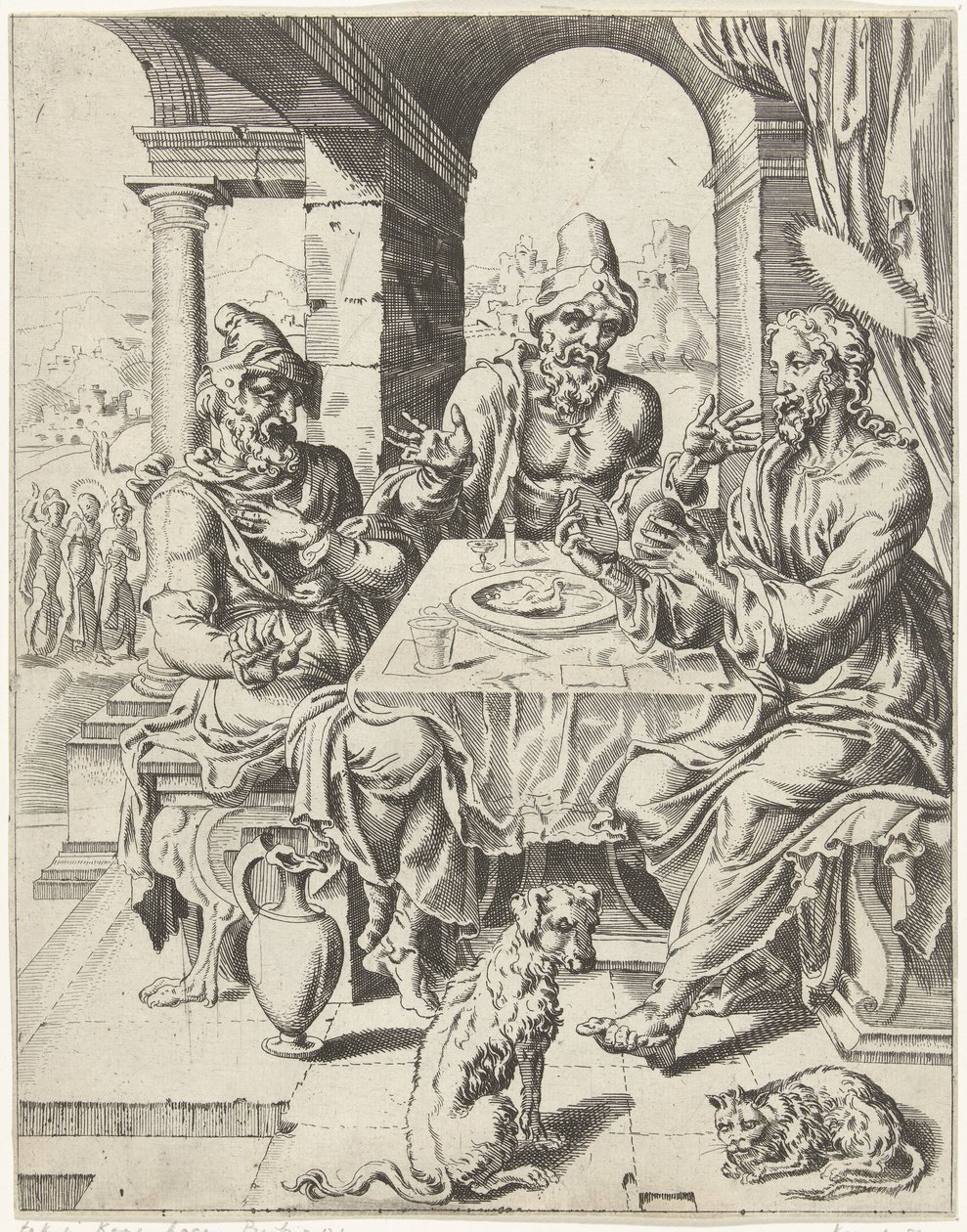 Nattverd ved Emmausfall og menneskehetens forløsning gjennom Kristi liv og lidenskap (serietittel) av Dirck Volckertsz. Coornhert (attributed to)