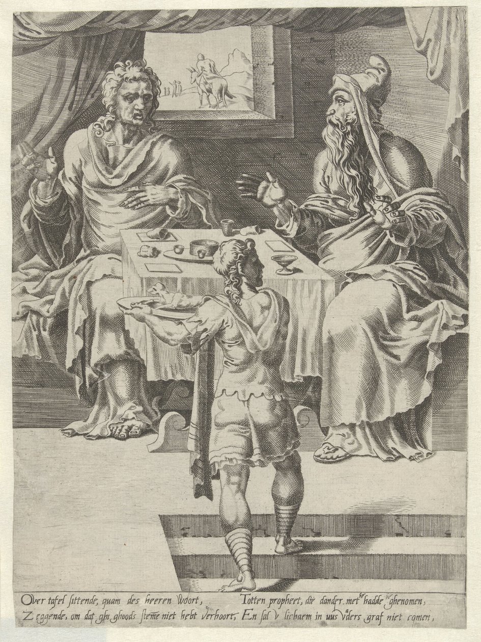 Måltid til Guds mann og den gamle profeten Story of the Disobedient Man of God (serietittel) av Dirck Volckertsz. Coornhert (attributed to)
