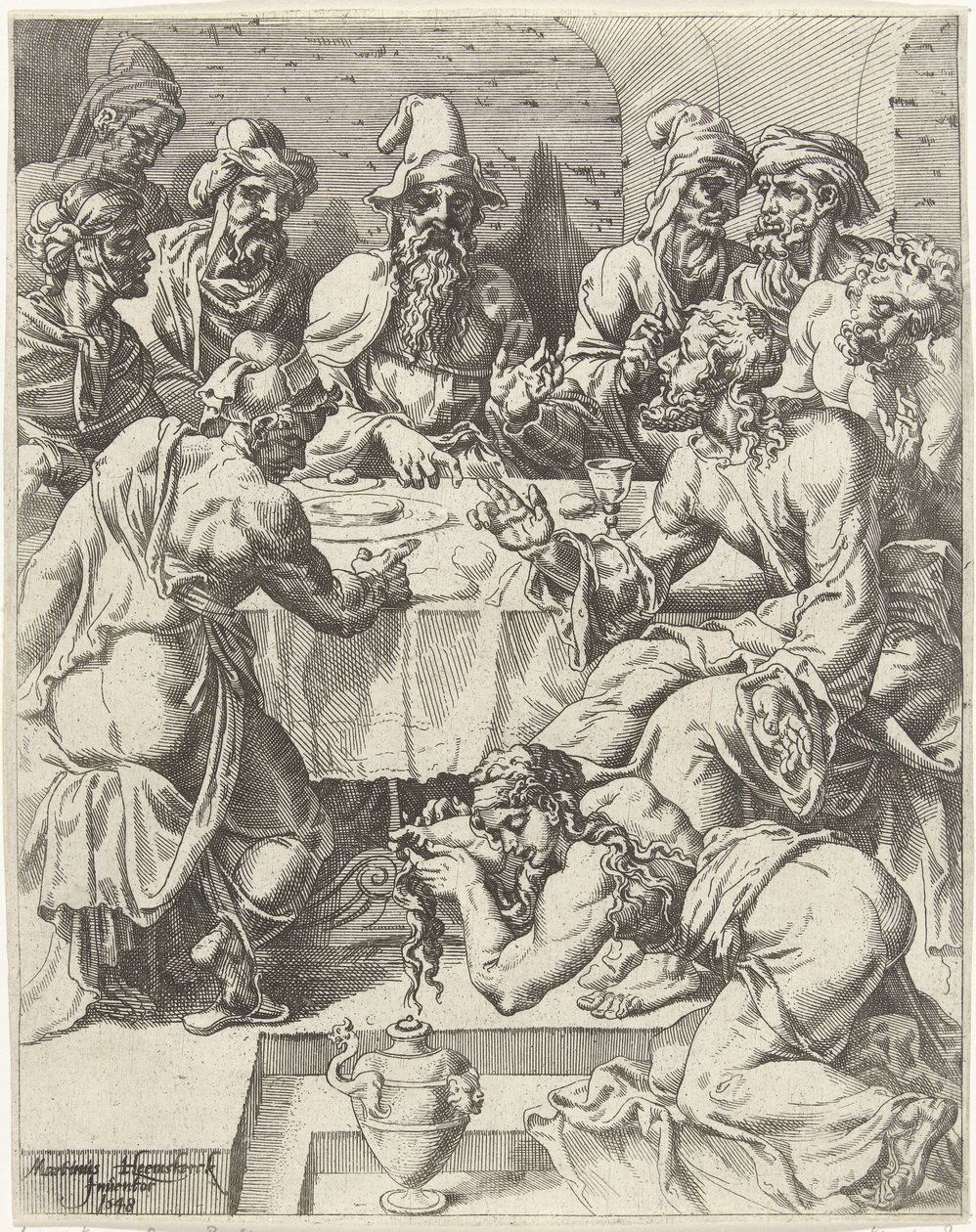 Maria Magdalena vasker Kristi føtter Menneskehetens fall og forløsning gjennom Kristi liv og lidenskap (serietittel) av Dirck Volckertsz. Coornhert (attributed to)