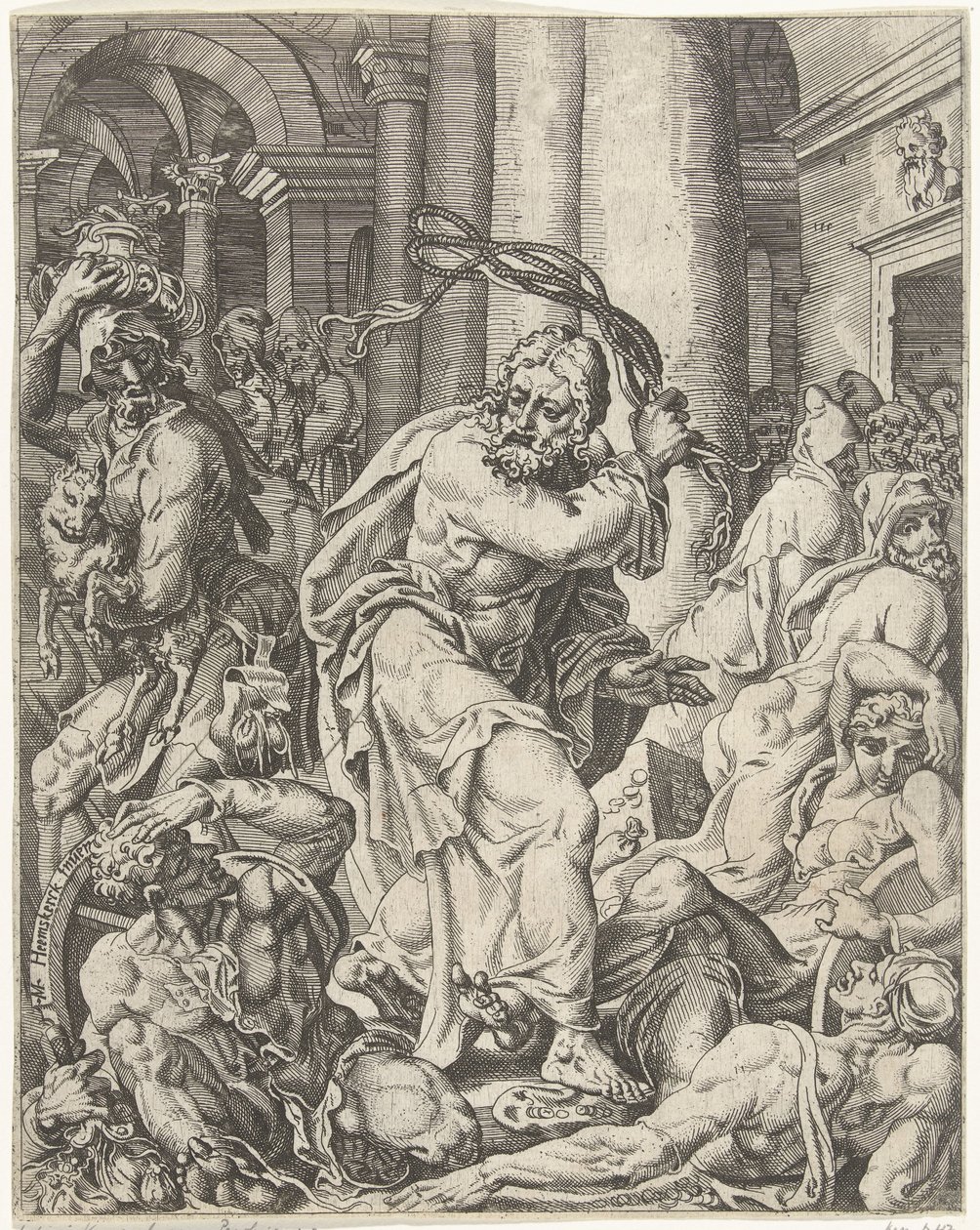 Utvisning av pengevekslerne fra templet Menneskehetens fall og forløsning gjennom Kristi liv og lidenskap (serietittel) av Dirck Volckertsz. Coornhert (attributed to)
