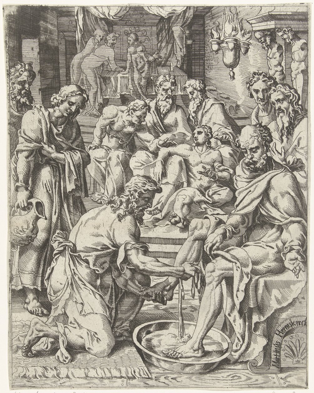 Vasking av føttene fall og menneskehetens forløsning gjennom Kristi liv og lidenskap (serietittel) av Dirck Volckertsz. Coornhert (attributed to)