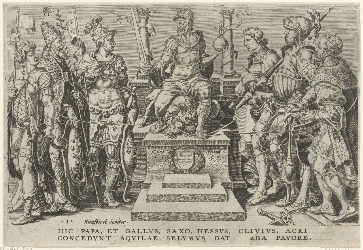 Keiser Karl V omringet av sine beseirede motstandere Victories of Charles V (serietittel) Divi Caroli. v. imp. opt. max. victoriae, ex multis praecipuae (serietittel) av Dirck Volckertsz. Coornhert