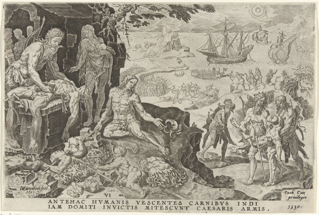 Keiserlige tropper av Charles V invaderer Mellom-Amerika, 1530 Victories of Charles V (serietittel) Divi Caroli. v. imp. opt. max. victoriae, ex multis praecipuae (serietittel) av Dirck Volckertsz. Coornhert