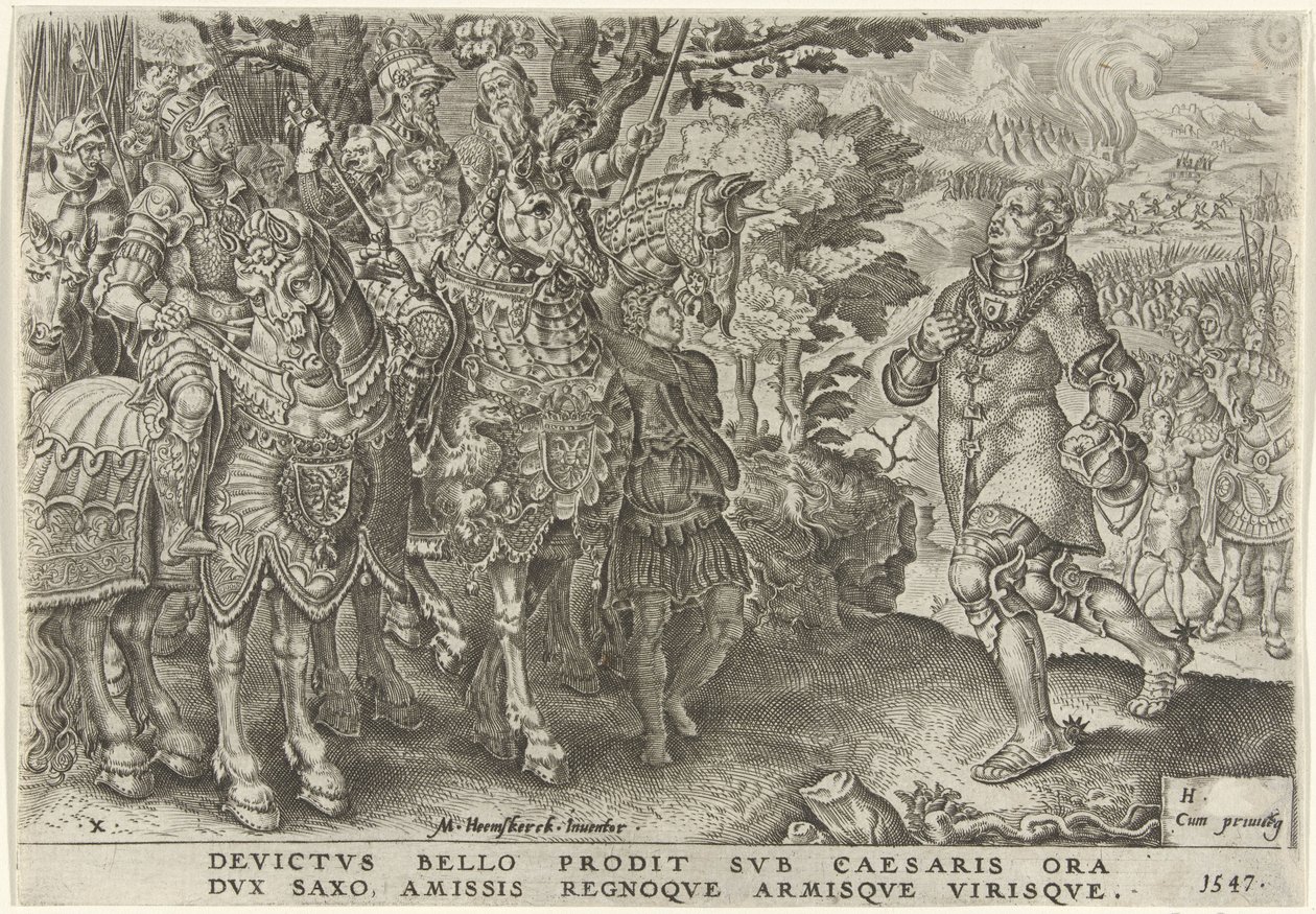 Overgivelse av hertugen av Sachsen på slagmarken i Mühlberg, 1547 Victories of Charles V (serietittel) Divi Caroli. v. imp. opt. max. victoriae, ex multis praecipuae (serietittel) av Dirck Volckertsz. Coornhert