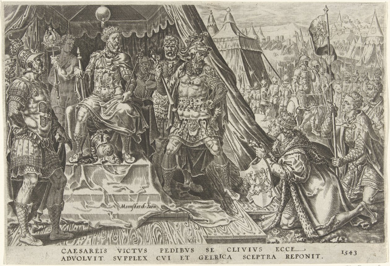 William II, hertugen av Gelre, underkaster seg autoriteten til Charles V, 1543 Victories of Charles V (serietittel) Divi Caroli. v. imp. opt. max. victoriae, ex multis praecipuae (serietittel) av Dirck Volckertsz. Coornhert