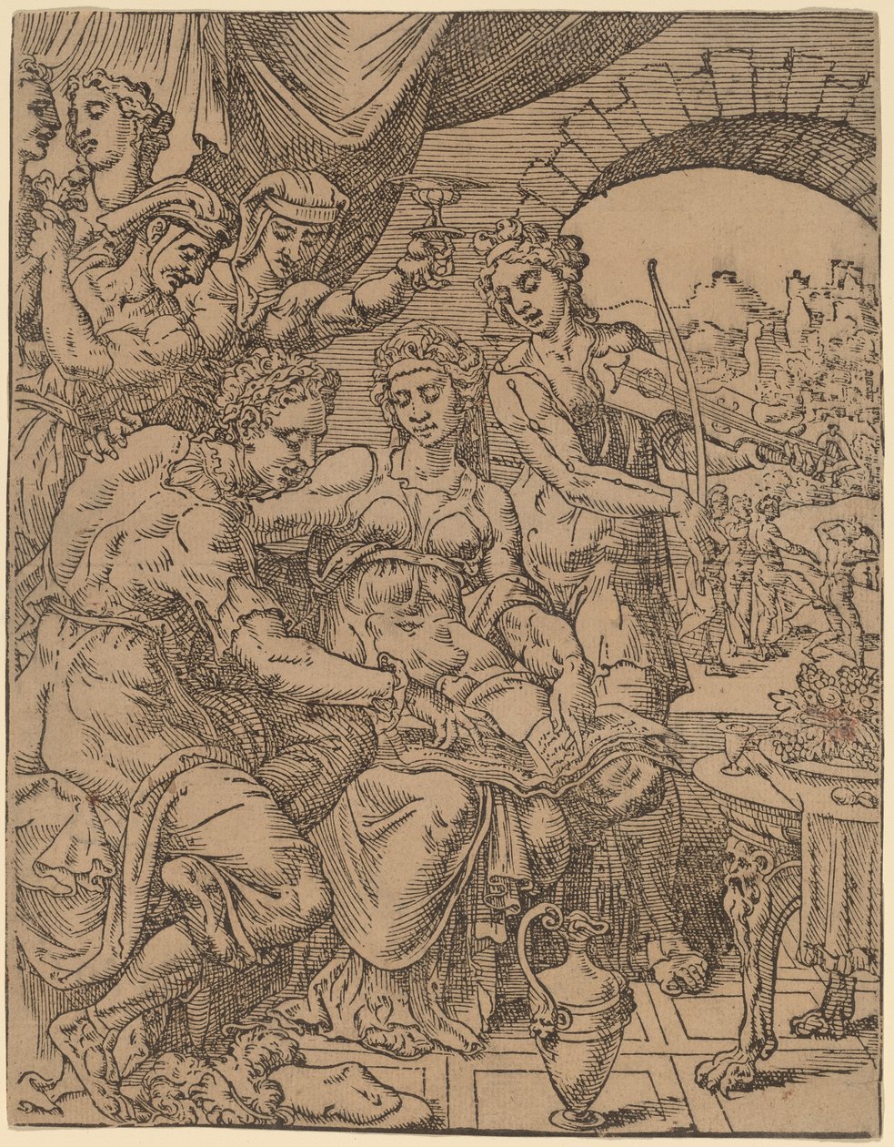 Den fortapte sønn sløser bort arven sin på skjøger av Dirck Volckertz Coornhert after Maerten van Heemskerck