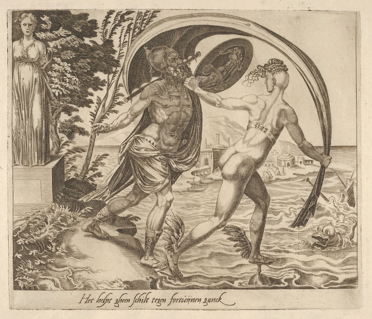 Et skjold er til ingen nytte når Fortune vender ryggen til fra Six Sayings about Fortune, ca. 1560. av Dirck Volkertsen Coornhert