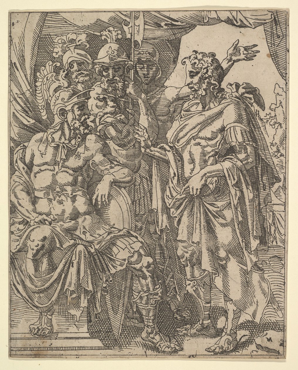 Achior bønnfaller Holofernes for israelittene, fra historien om Judith og Holofernes. av Dirck Volkertsen Coornhert