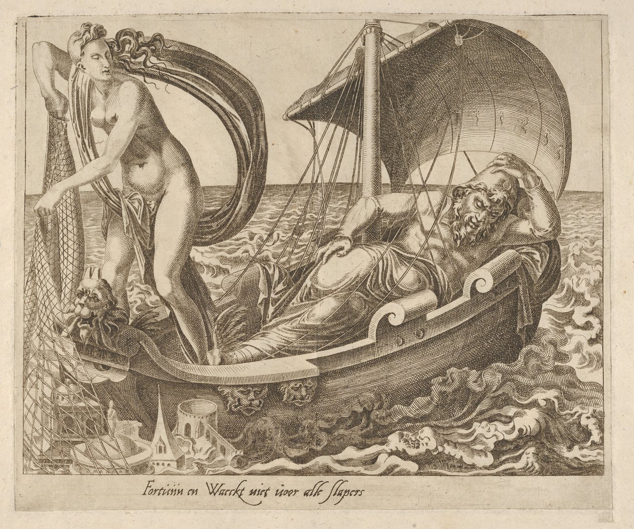 Fortune passer ikke på alle som sover fra seks ordtak om Fortune, ca. 1560. av Dirck Volkertsen Coornhert