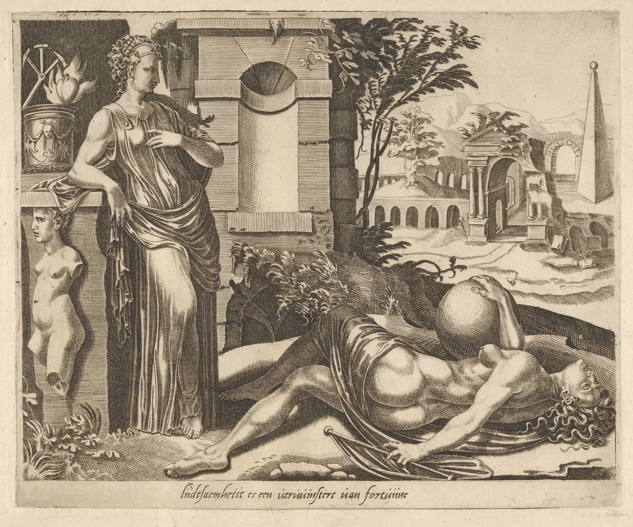 Tålmodighet som seierherren over formuen fra Six Sayings about Fortune, ca. 1560. av Dirck Volkertsen Coornhert