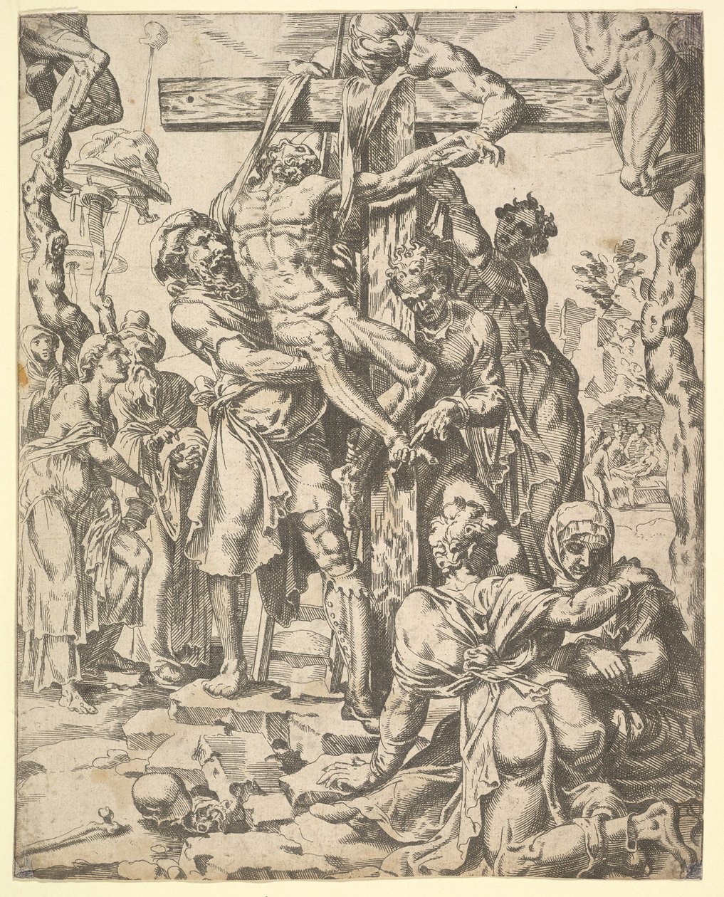 The Descent from the Cross, from The Fall and Salvation of Mankind through the Life and Pa..., 1548.    1182197   no       norwegian Successfully Translated  Original: Vuur De vier elementen (series title) Translat: Vuur De vier elementen (series title) 13 av Dirck Volkertsen Coornhert