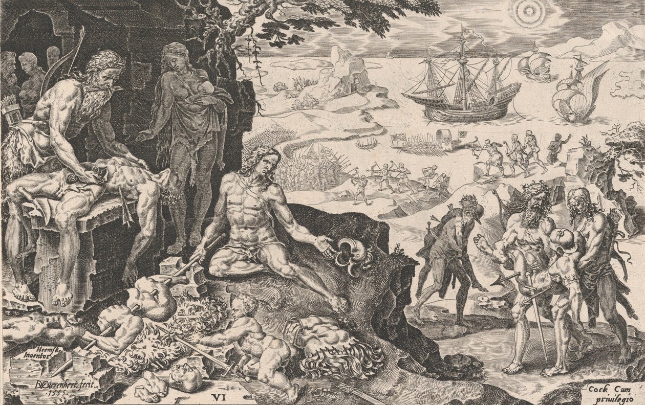 De keiserlige troppene som bringer sivilisasjonen til indianerne, fra The Victories of Emperor Ch..., 1555. av Dirck Volkertsen Coornhert