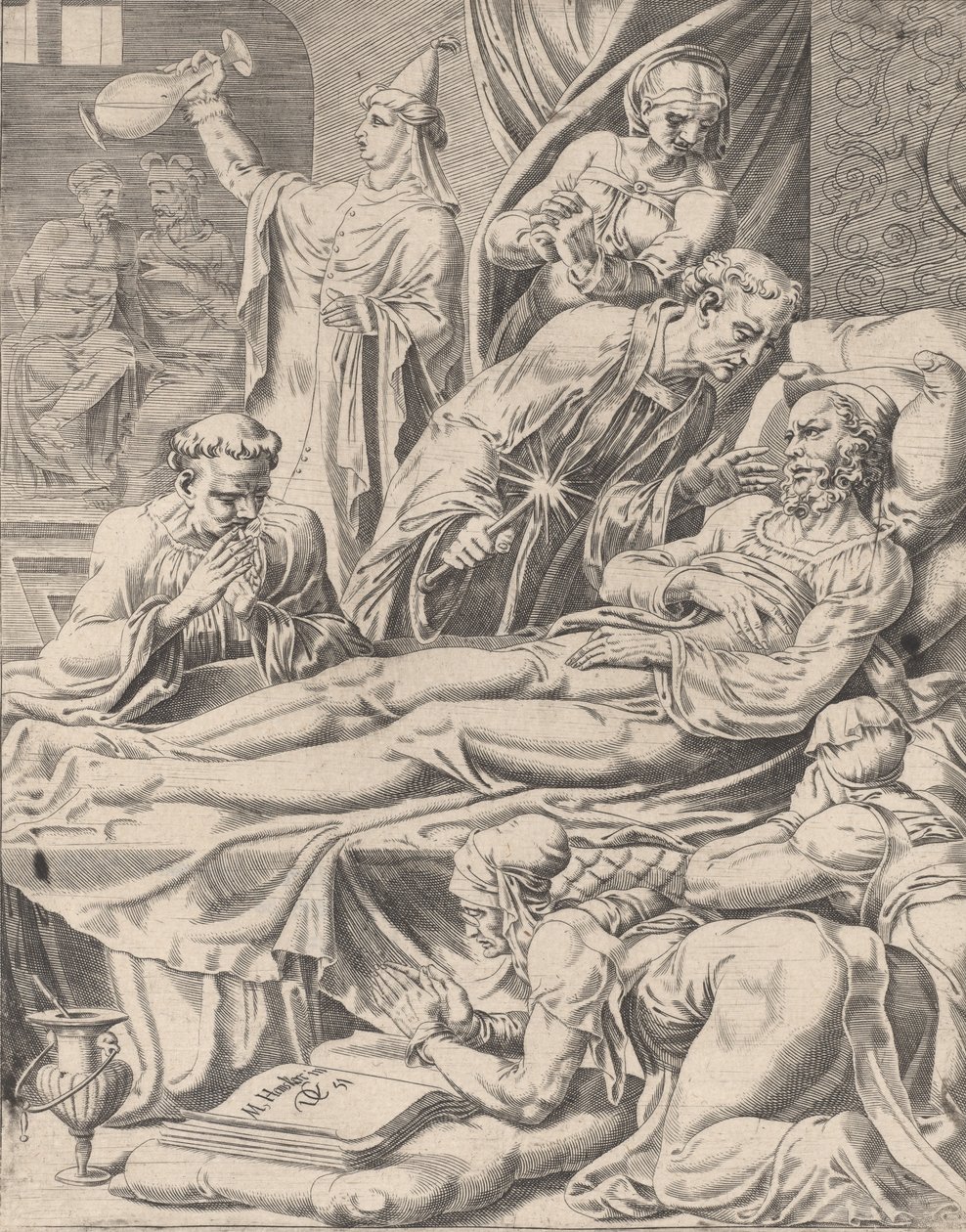 Den rike mannen på dødsleiet, fra Lignelsen om Lazarus og den rike mannen, plate 2, 1551. av Dirck Volkertsen Coornhert