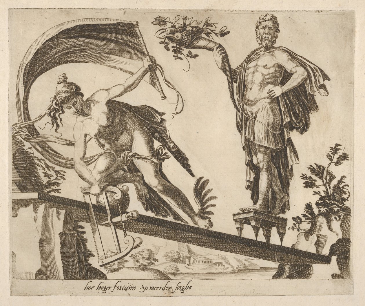 Når formuen er overflod, vil fallet bli dypere fra seks ordtak om formue, ca. 1560. av Dirck Volkertsen Coornhert