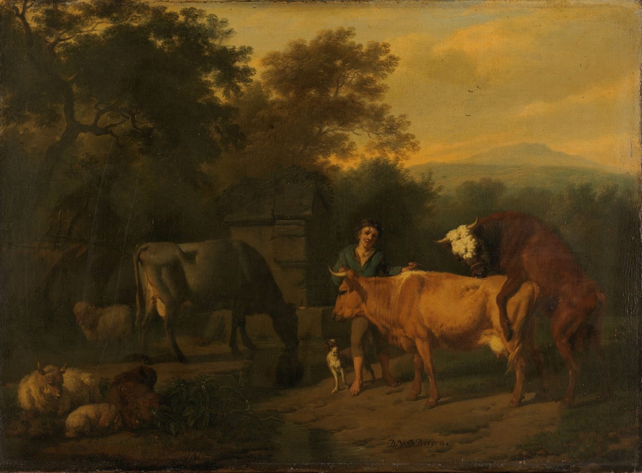 Landskap med gjeter og storfe av Dirck van Bergen