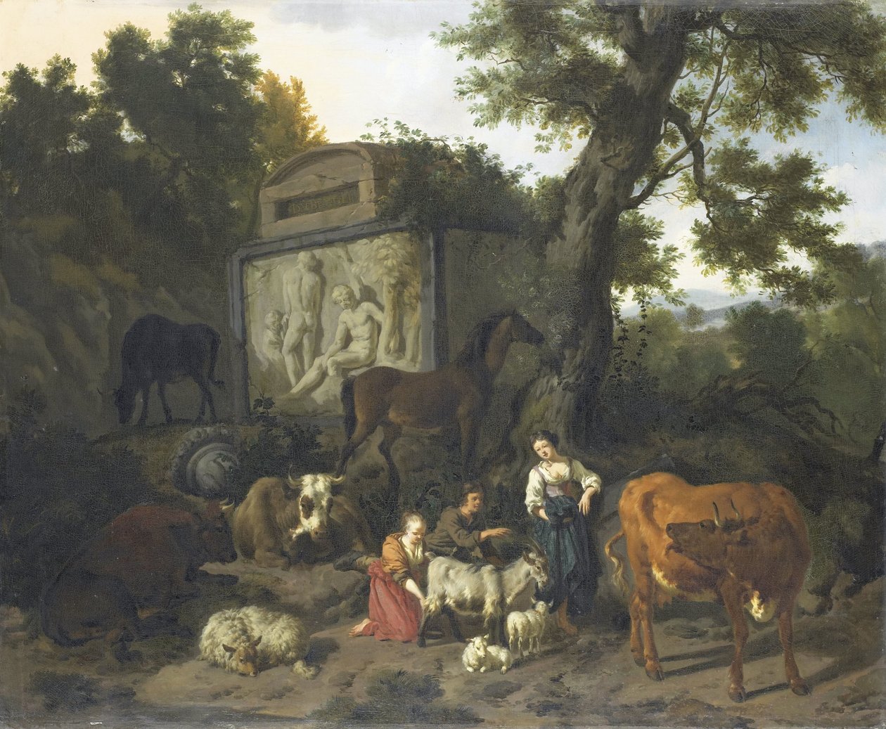 Landskap med gjetere og storfe nær en grav av Dirck van Bergen
