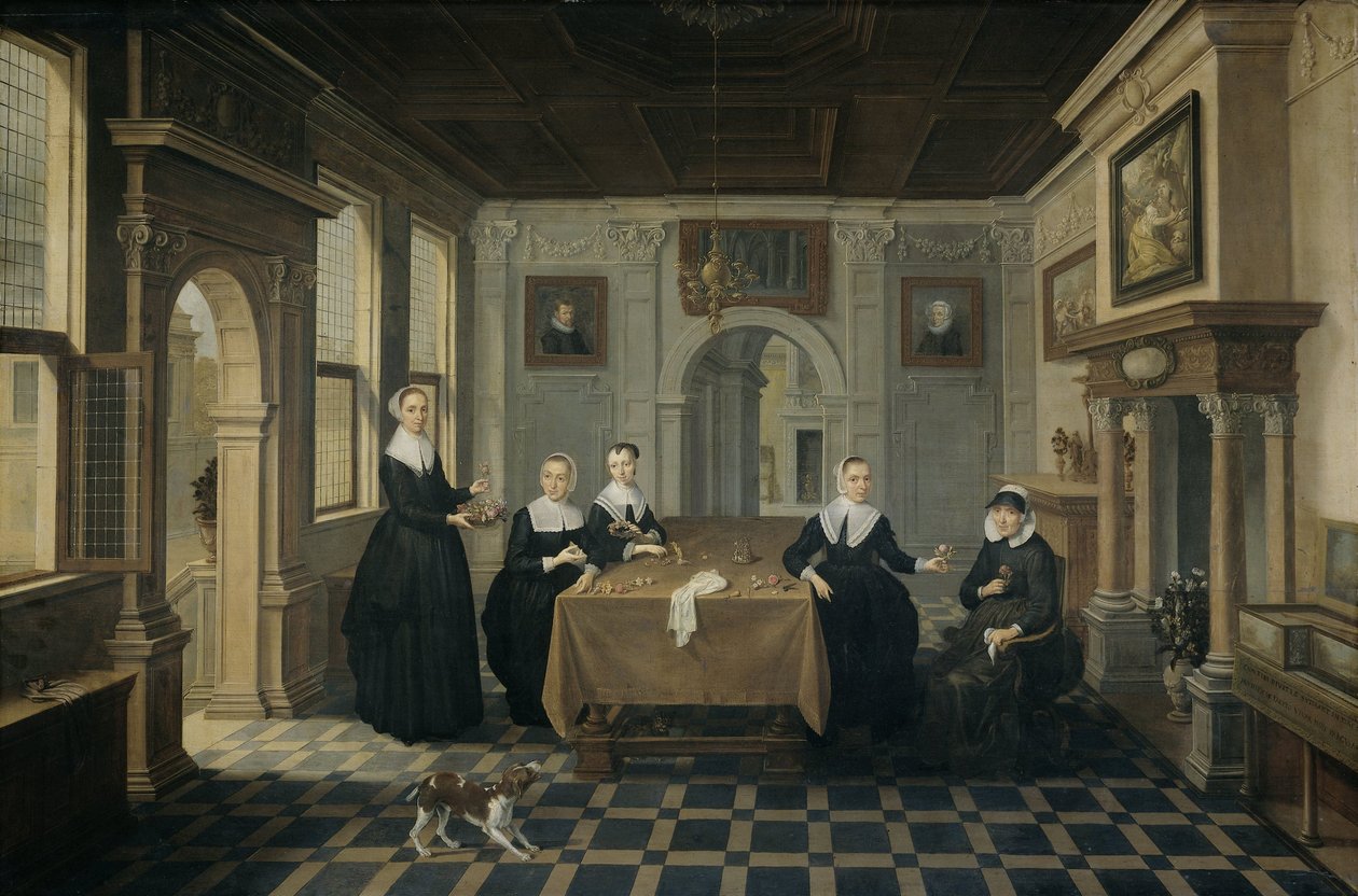 Fem damer i et interiør av Dirck van Delen (attributed to)