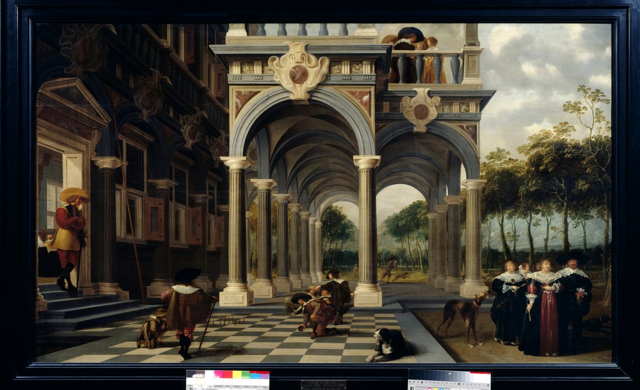 Bowl-spillere Spill med bowling på et sjakkbrettgulv. Maleri av Dirk Van Delen (1605-1671) av Dirck van Delen