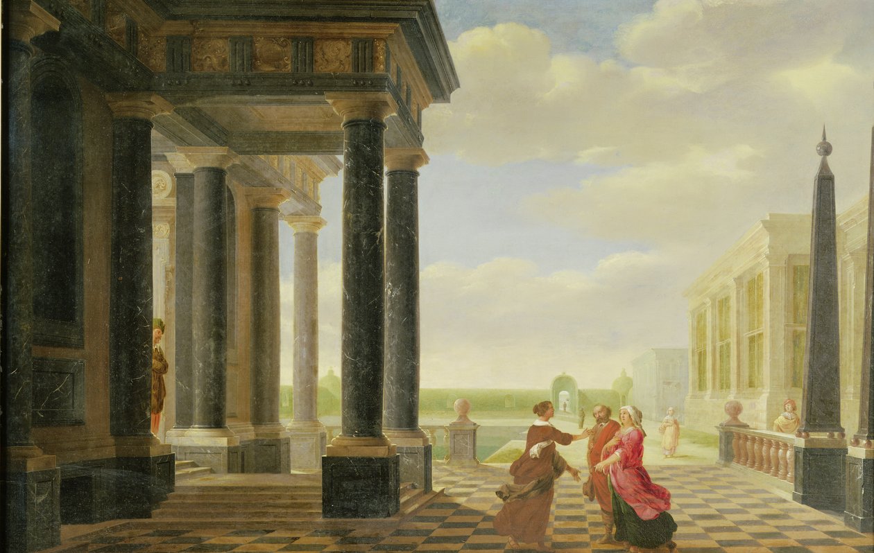 Figurer i samtale i en klassisk setting av Dirck van Delen