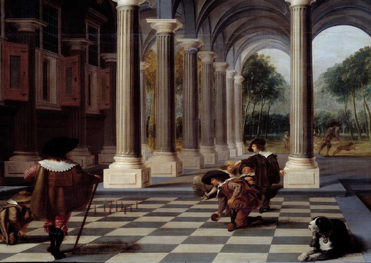 Skitel Players Spill med bowling på et sjakkbrettgulv. Detalj. Maleri av Dirck Van Delen (1605-1671) av Dirck van Delen