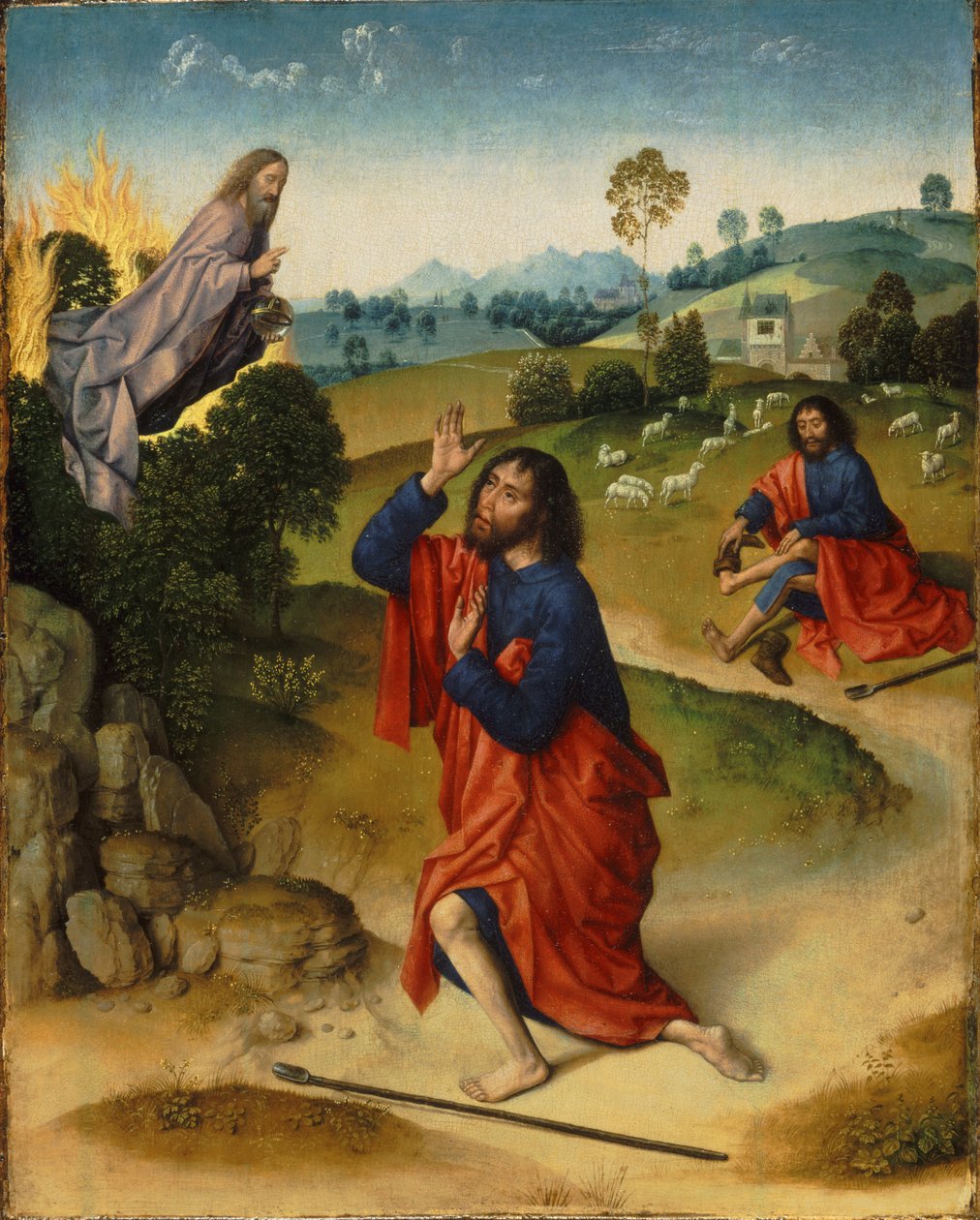 Moses og den brennende busken, med Moses som tar av seg skoene, ca 1465 av Dirk Bouts