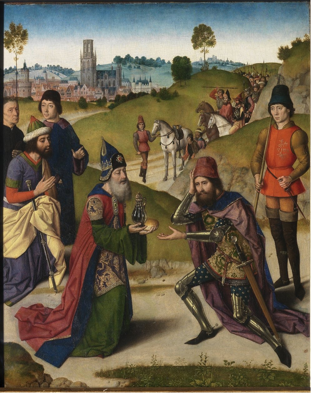 The Last Supper altertavle: Møte av Abraham og Melkisedek venstre fløy, 1464-1468 av Dirk Bouts