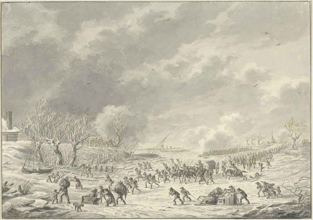 Franskmennene krysser Waal nær Bommel, januar 1795 av Dirk Langendijk
