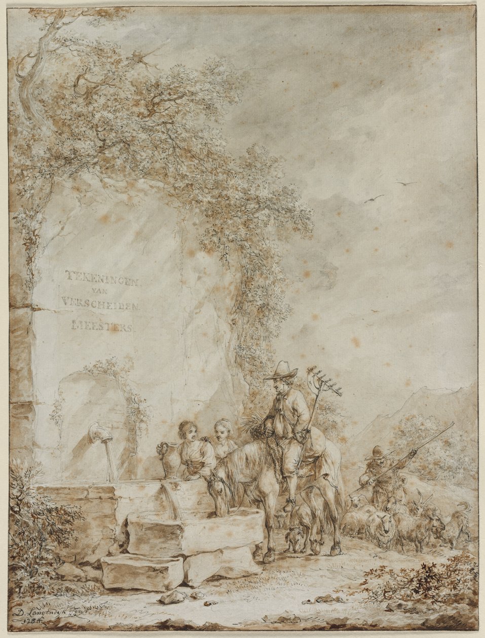 Frontispice for et album med tegninger: Peasants at a Fountain (recto) av Dirk Langendijk