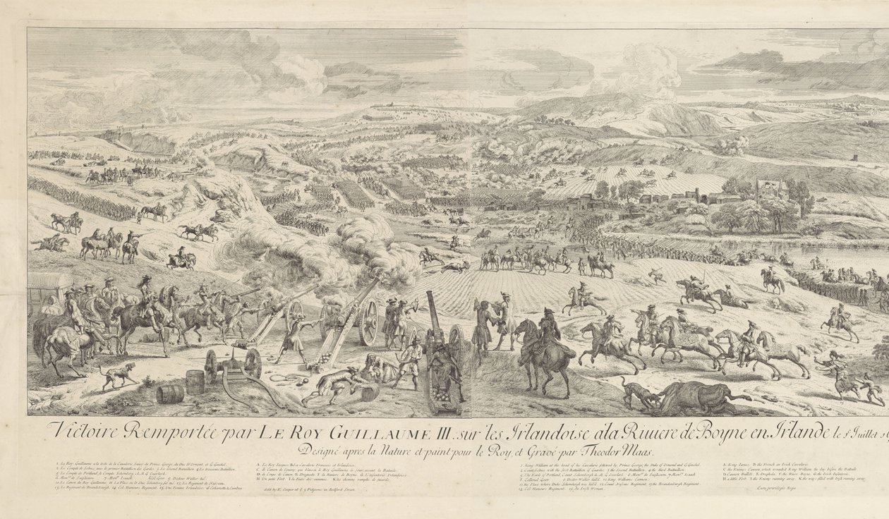 Slag bij Drogheda aan de Boyne, 1. juli 1690 Seier vunnet av Le Roy Guillaume III. på irerne ved Boyne River i Irland 1. juli 1690 (tittel på objekt) av Dirk Maas