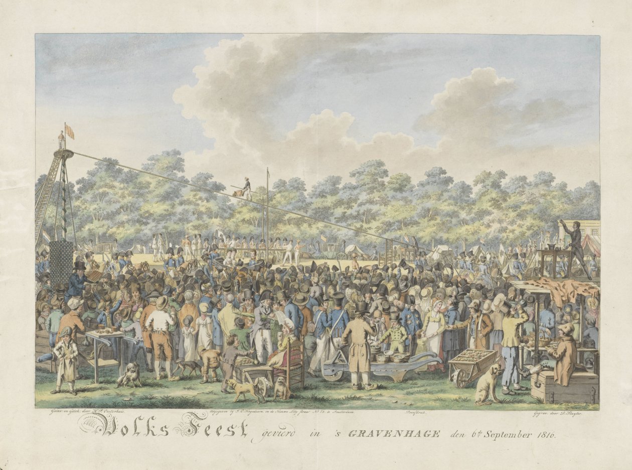 Folkefestival til ære for ankomsten av Willem Frederik George Lodewijk, arveprins av Nederland og Anna Pavlovna, storhertuginne av Russland Populær festival feiret i Haag 6. september 1816 (tittel på objekt) av Dirk Sluyter
