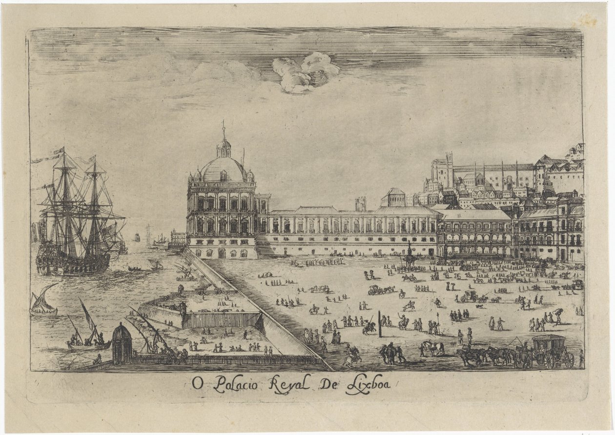 Utsikt over det kongelige palasset i Lisboa O Palacio Real de Lixboa (tittel på objekt) Utsikt over Lisboa (serietittel) av Dirk Stoop