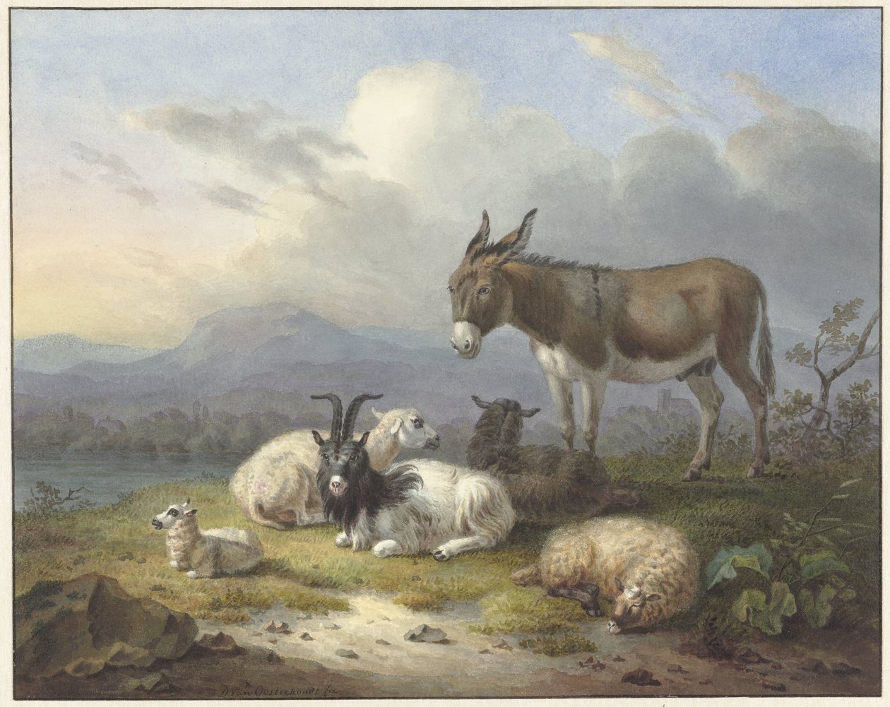 Landskap med esel, geit og sau av Dirk van Oosterhoudt