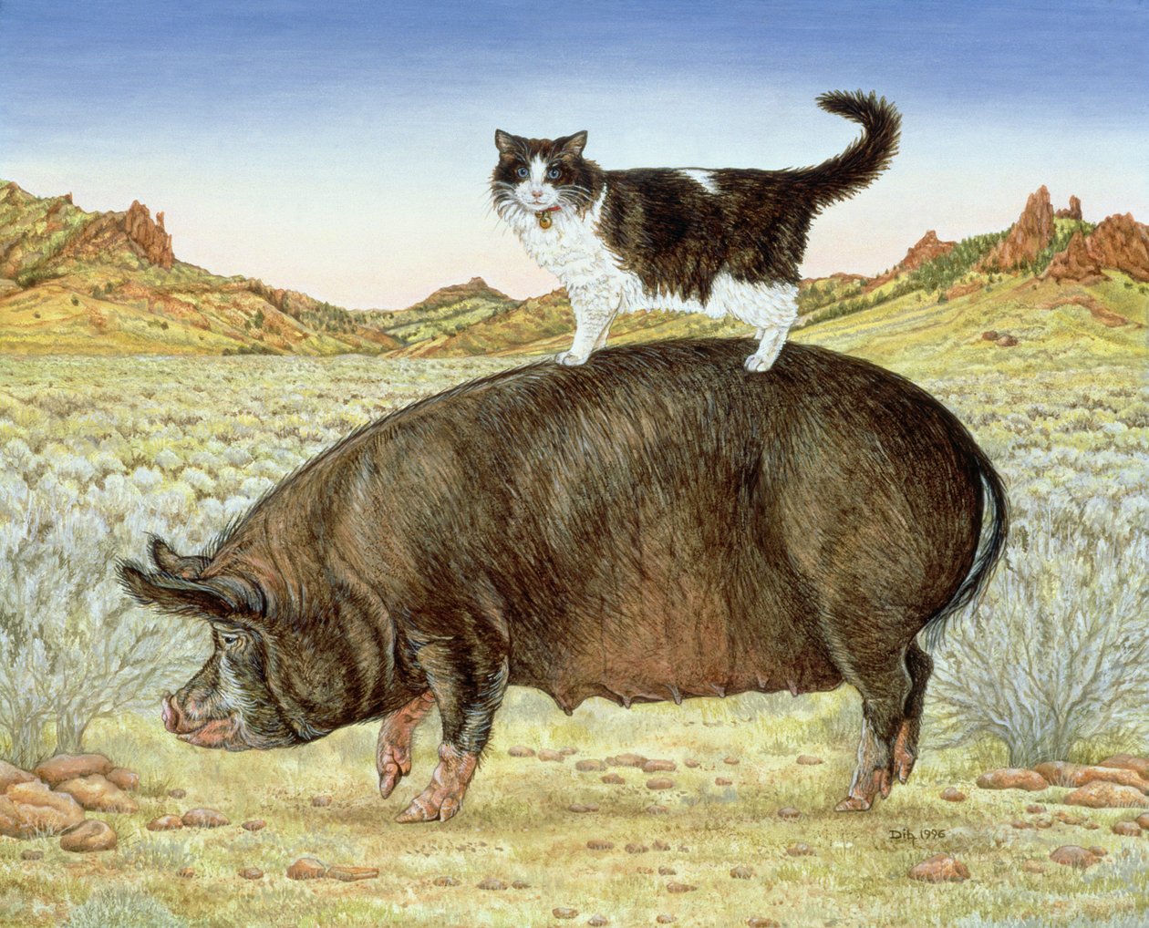 Piggyback-Riding ved Breteche Creek, 1995 (akryl på panel) av Ditz